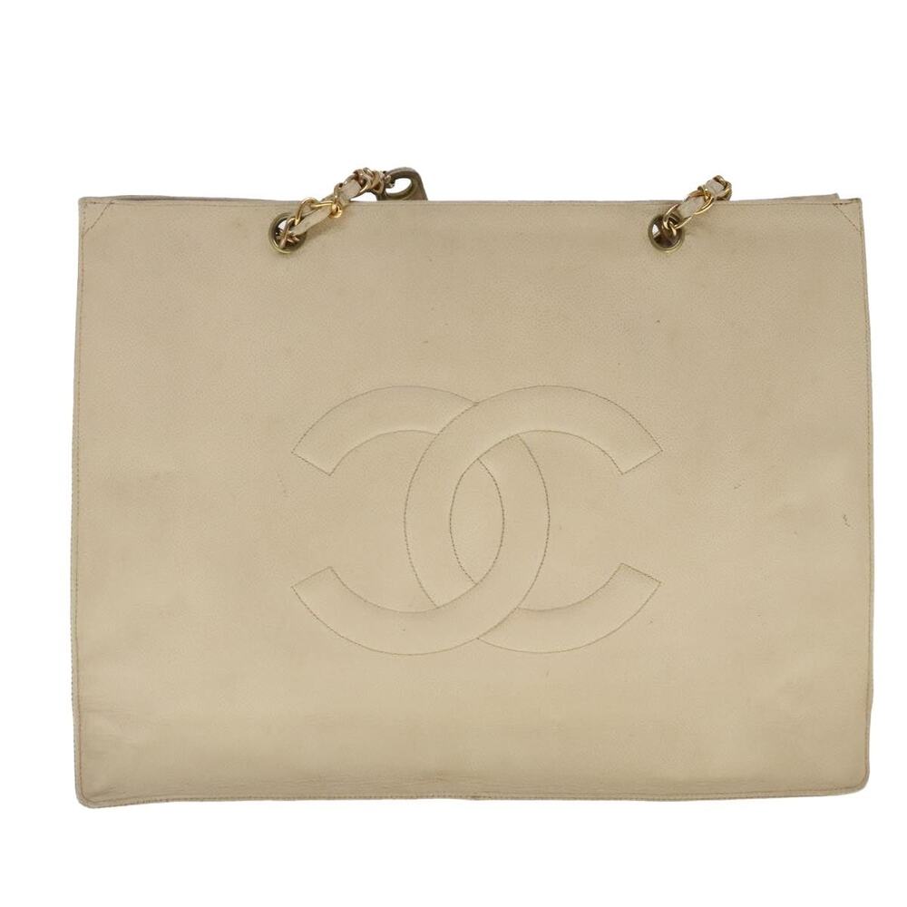 Chanel CC Logo Chain Tote Bag Caviar Beige